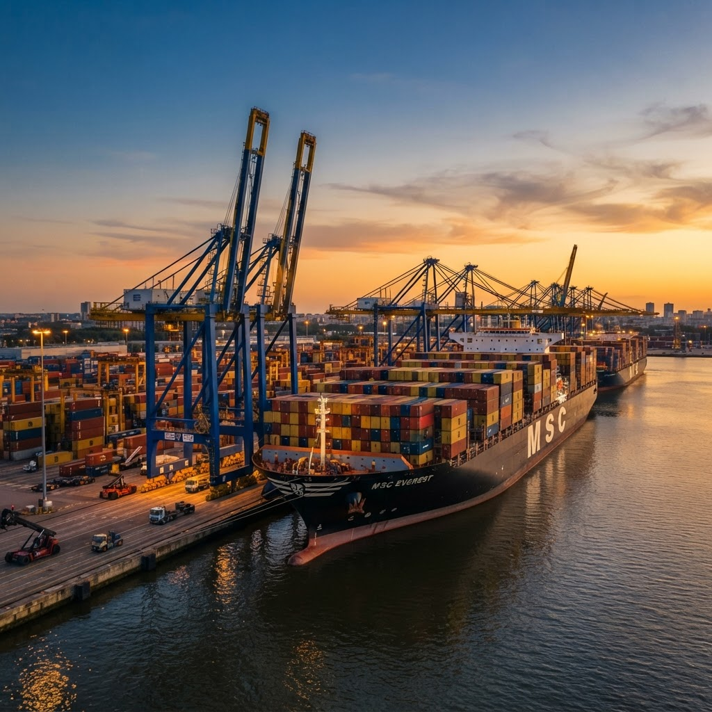 Container cargo ship loaded with shipping containers at a modern port