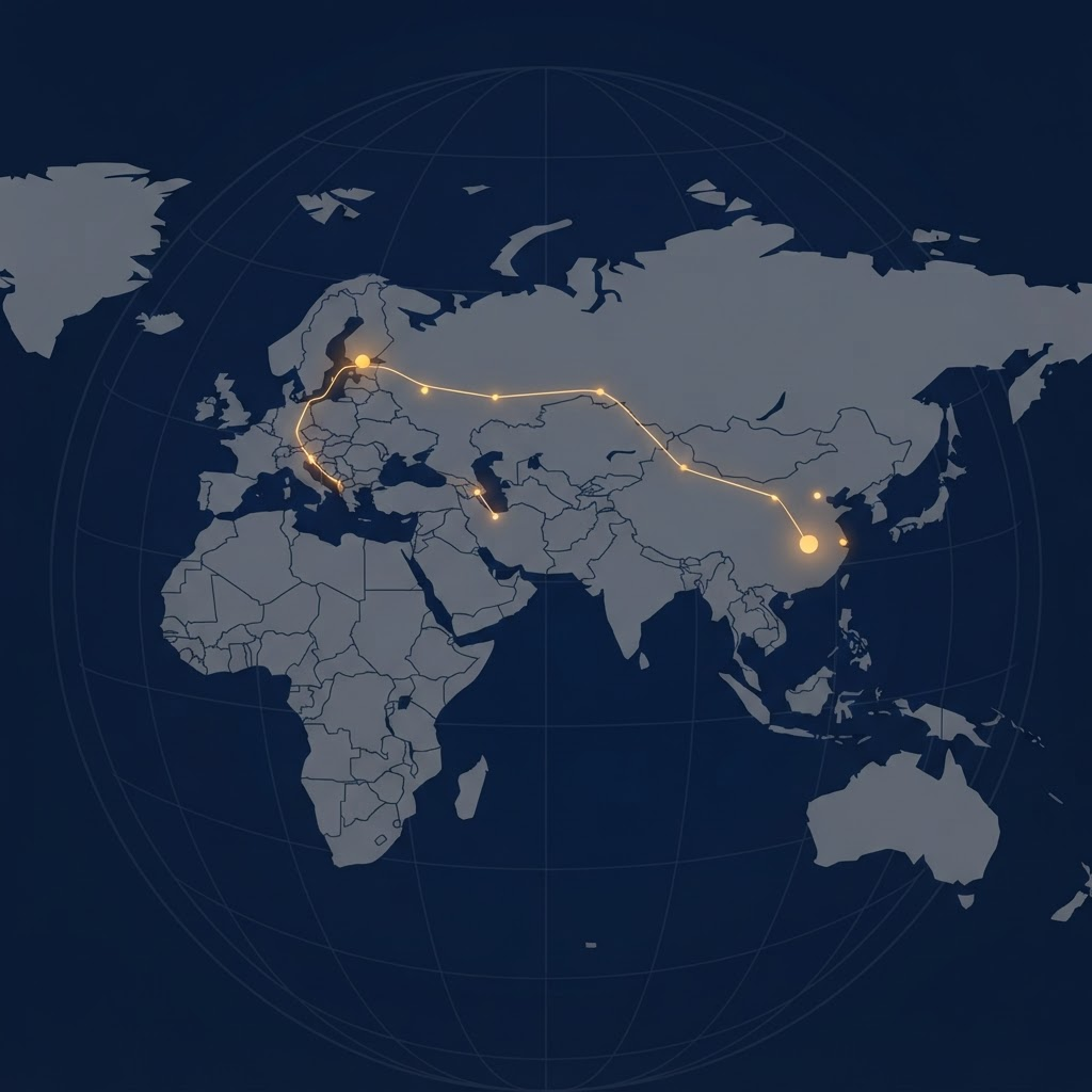 Map showing the shipping route from China to Estonia